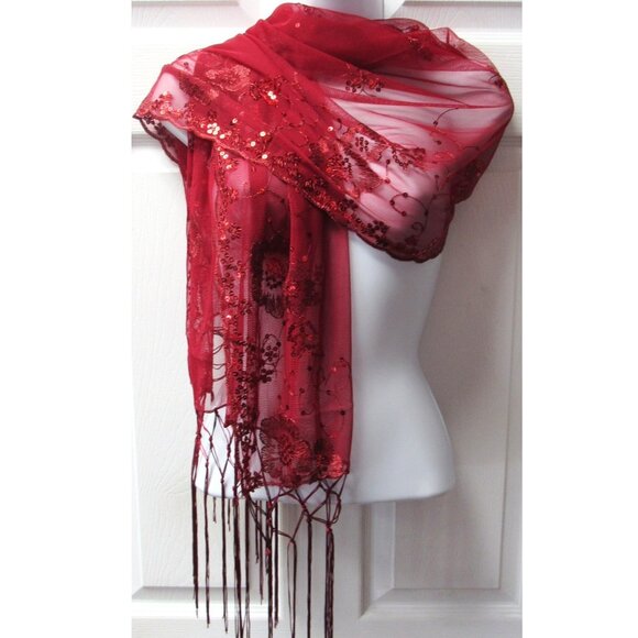 Burgundy Sequin Shawl Wrap Sparkle Fringed Scarf Wedding Bridal Dressy Evening - Picture 1 of 4
